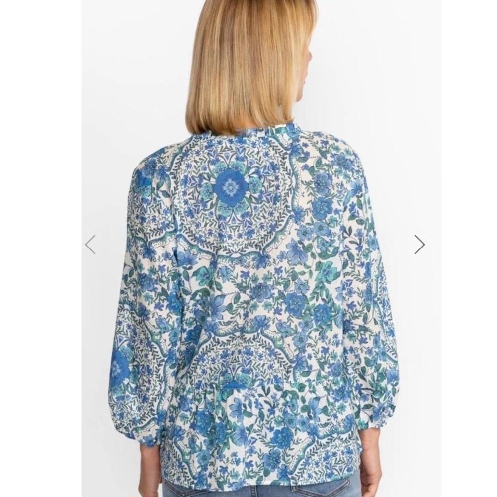 Johnny Was Blue Floral Peplum Blouse Tassel Tie Split Neck Long Sleeve Top L - Picture 2 of 7